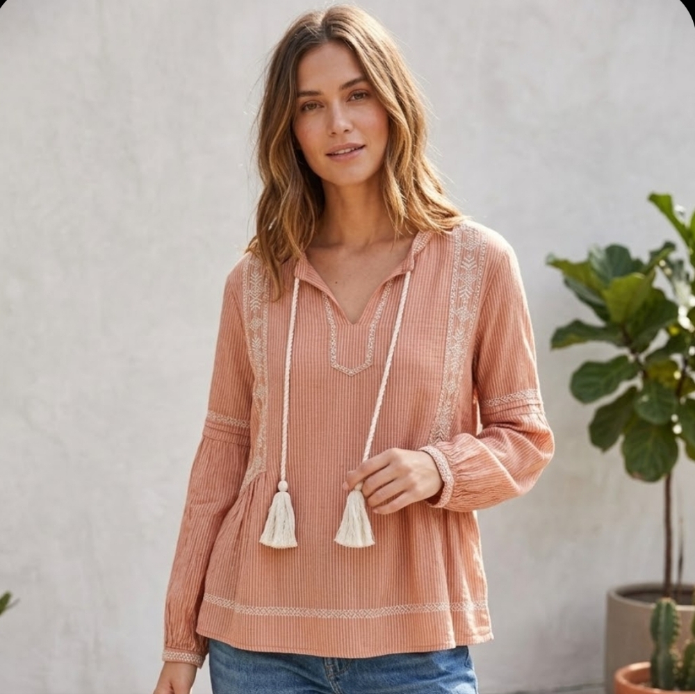 Garnet Hill Organic Cotton Embroidered‎ Blouson Sleeve Tassle Top Size 8